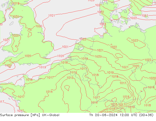 Pressione al suolo UK-Global gio 20.06.2024 12 UTC