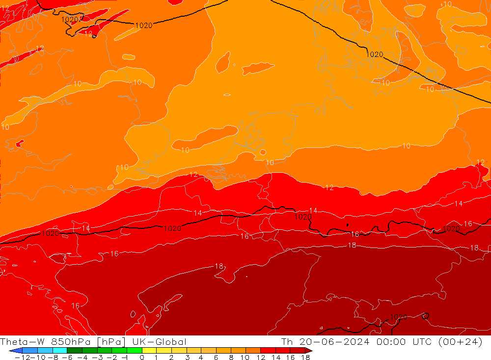 Theta-W 850hPa UK-Global 星期四 20.06.2024 00 UTC