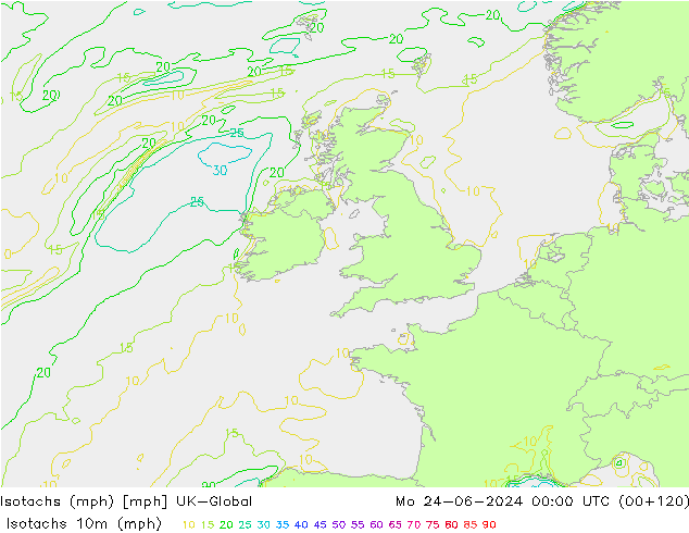 Isotachs (mph) UK-Global lun 24.06.2024 00 UTC