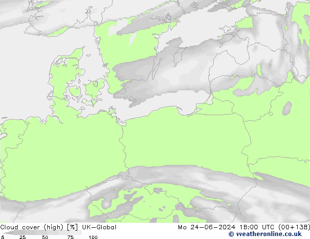 Cloud cover (high) UK-Global Mo 24.06.2024 18 UTC