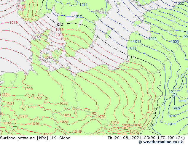 Presión superficial UK-Global jue 20.06.2024 00 UTC