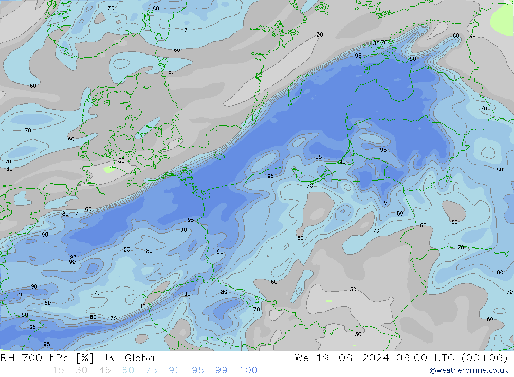 Humidité rel. 700 hPa UK-Global mer 19.06.2024 06 UTC