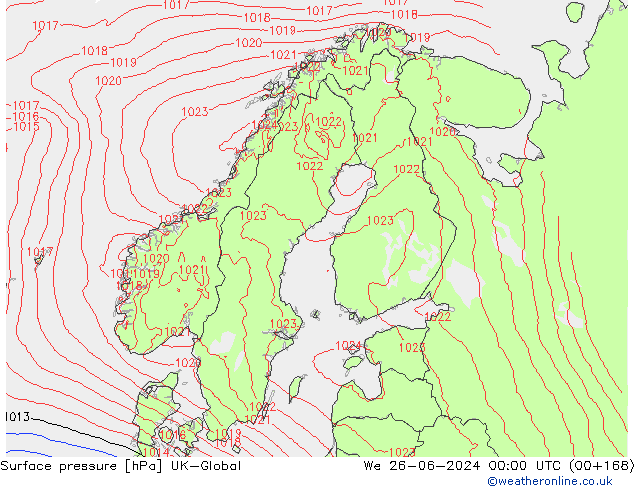 Pressione al suolo UK-Global mer 26.06.2024 00 UTC