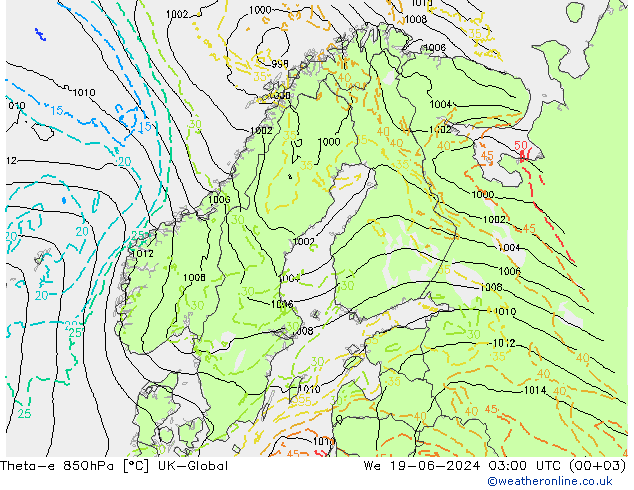 Theta-e 850hPa UK-Global We 19.06.2024 03 UTC