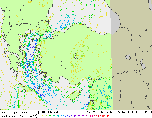 Isotachs (kph) UK-Global Dom 23.06.2024 06 UTC