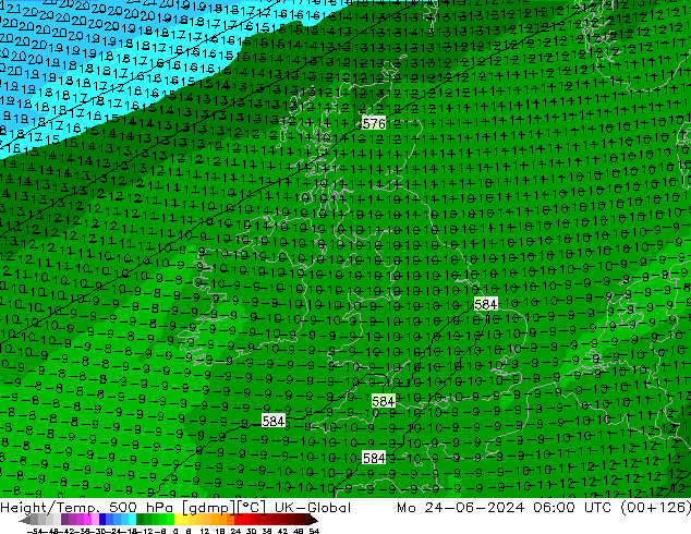 Height/Temp. 500 hPa UK-Global Mo 24.06.2024 06 UTC