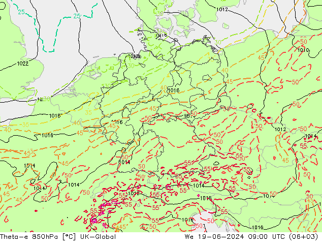 Theta-e 850hPa UK-Global We 19.06.2024 09 UTC