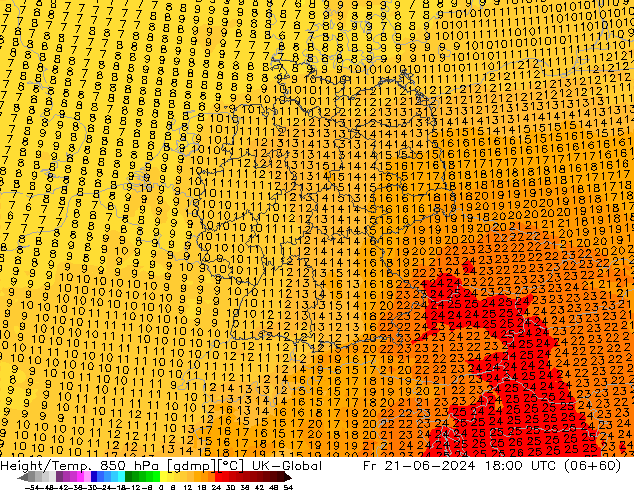 Height/Temp. 850 hPa UK-Global Fr 21.06.2024 18 UTC