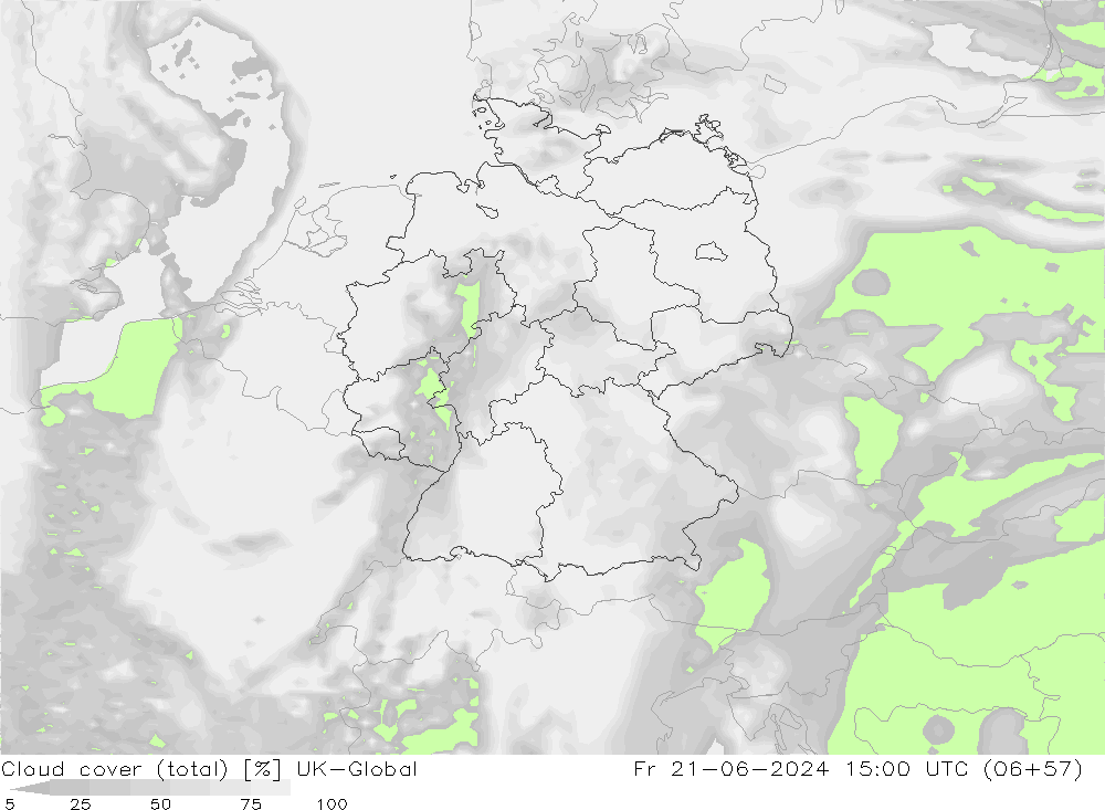 Cloud cover (total) UK-Global Fr 21.06.2024 15 UTC
