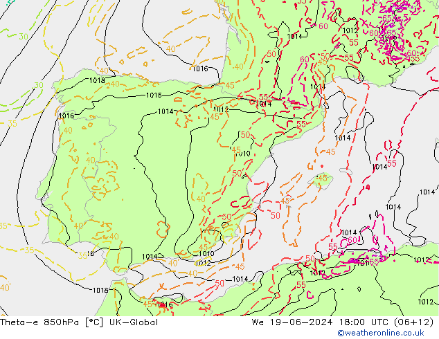 Theta-e 850гПа UK-Global ср 19.06.2024 18 UTC