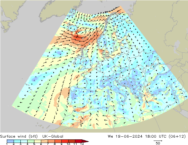 Vento 10 m (bft) UK-Global mer 19.06.2024 18 UTC