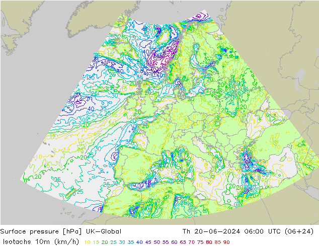 Isotachs (kph) UK-Global Th 20.06.2024 06 UTC