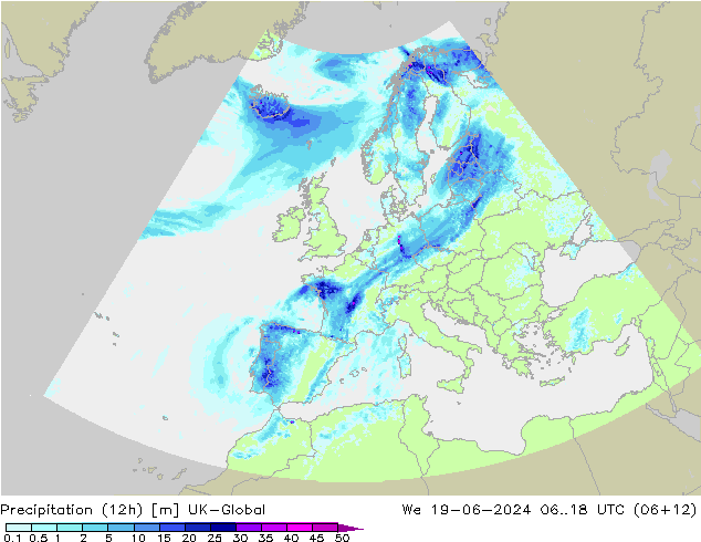 Precipitación (12h) UK-Global mié 19.06.2024 18 UTC