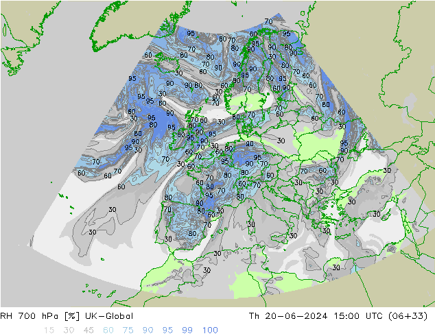 Humedad rel. 700hPa UK-Global jue 20.06.2024 15 UTC