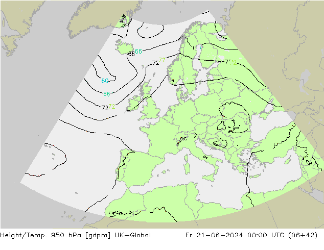 Height/Temp. 950 hPa UK-Global Fr 21.06.2024 00 UTC