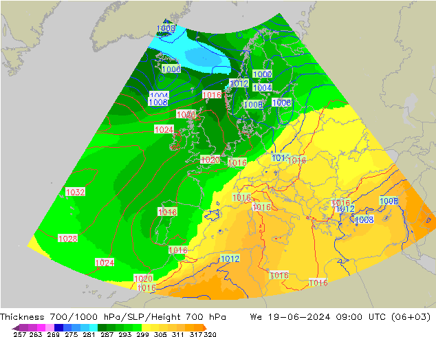 Espesor 700-1000 hPa UK-Global mié 19.06.2024 09 UTC