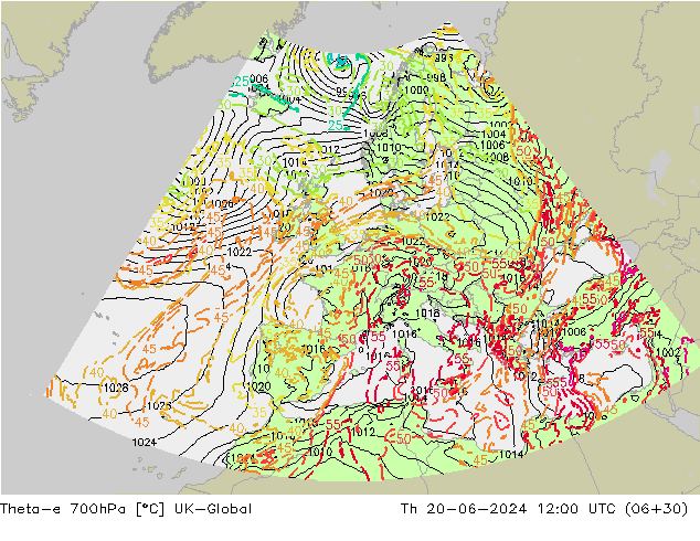 Theta-e 700гПа UK-Global чт 20.06.2024 12 UTC