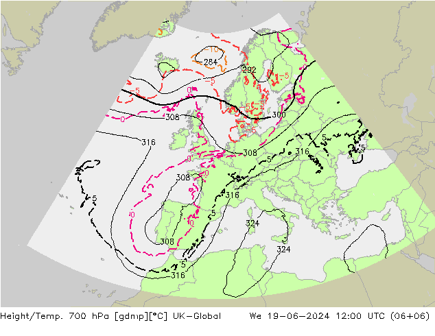 Height/Temp. 700 hPa UK-Global Mi 19.06.2024 12 UTC