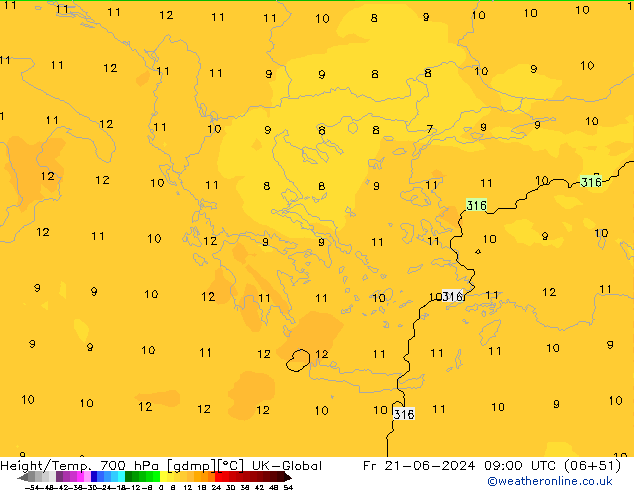 Height/Temp. 700 hPa UK-Global Fr 21.06.2024 09 UTC