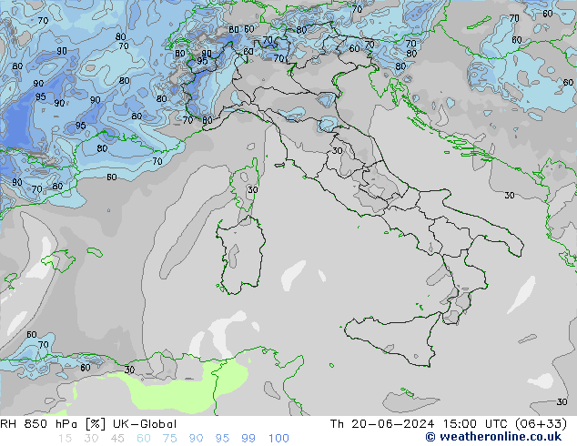 RH 850 hPa UK-Global Qui 20.06.2024 15 UTC