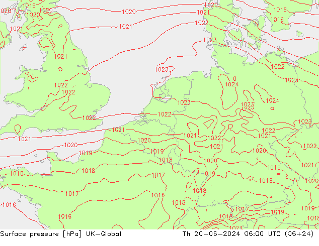 Pressione al suolo UK-Global gio 20.06.2024 06 UTC