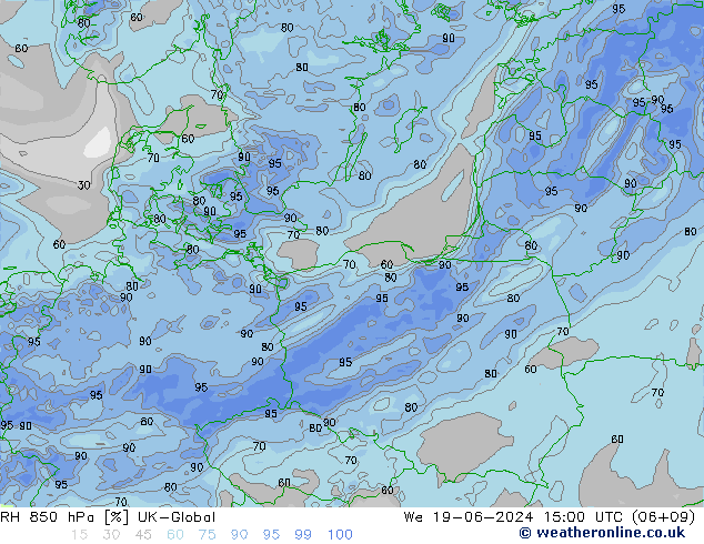 Humedad rel. 850hPa UK-Global mié 19.06.2024 15 UTC