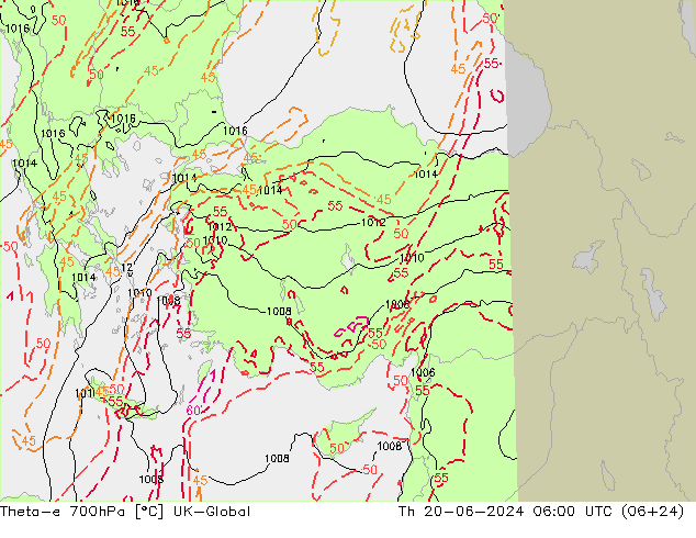 Theta-e 700hPa UK-Global Th 20.06.2024 06 UTC