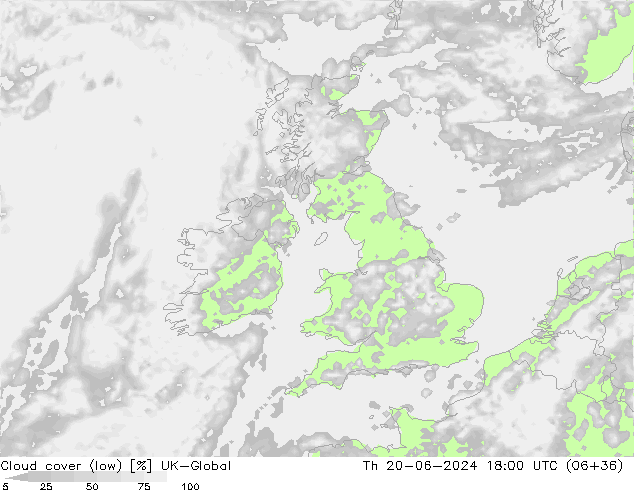 Cloud cover (low) UK-Global Th 20.06.2024 18 UTC