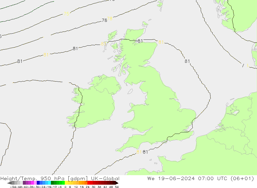 Height/Temp. 950 hPa UK-Global mer 19.06.2024 07 UTC