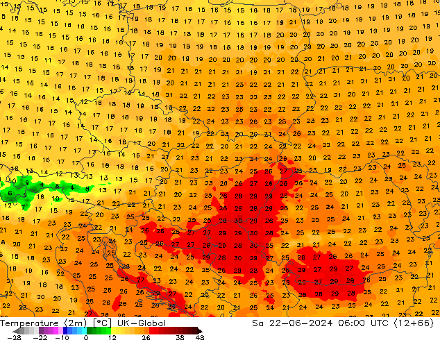 Temperature (2m) UK-Global Sa 22.06.2024 06 UTC