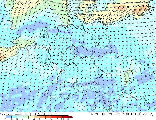 Wind 10 m (bft) UK-Global do 20.06.2024 00 UTC