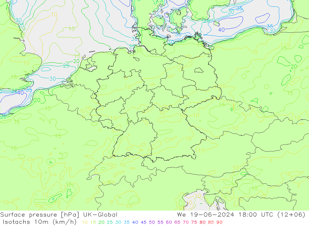 Isotachen (km/h) UK-Global Mi 19.06.2024 18 UTC