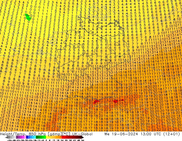 Hoogte/Temp. 850 hPa UK-Global wo 19.06.2024 13 UTC