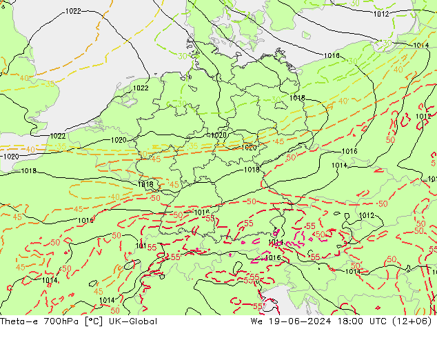 Theta-e 700гПа UK-Global ср 19.06.2024 18 UTC