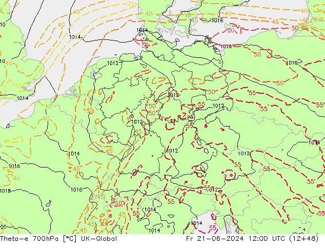 Theta-e 700hPa UK-Global vr 21.06.2024 12 UTC