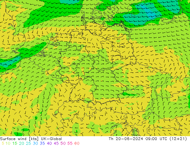 Surface wind UK-Global Th 20.06.2024 09 UTC