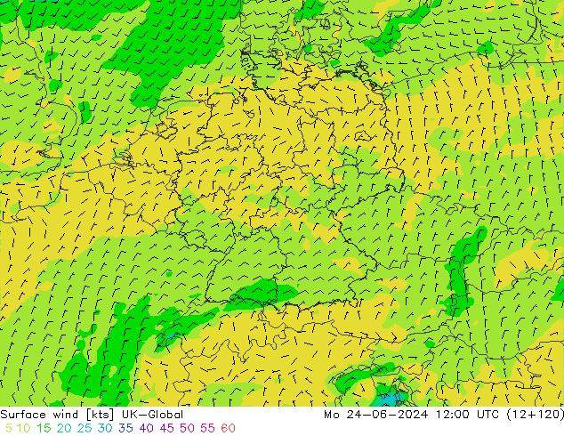 Surface wind UK-Global Mo 24.06.2024 12 UTC