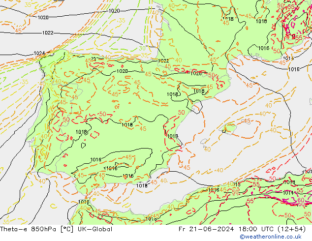 Theta-e 850hPa UK-Global Fr 21.06.2024 18 UTC