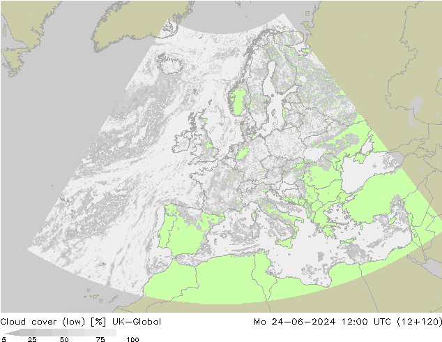 Cloud cover (low) UK-Global Mo 24.06.2024 12 UTC