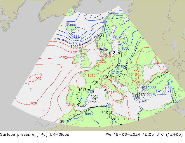 Pressione al suolo UK-Global mer 19.06.2024 15 UTC