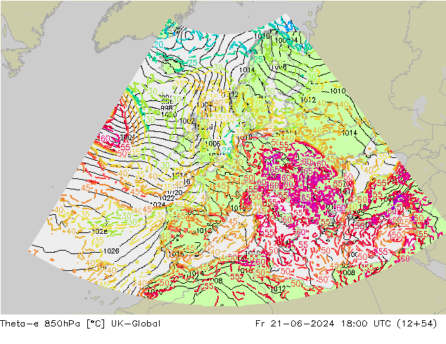 Theta-e 850hPa UK-Global Fr 21.06.2024 18 UTC