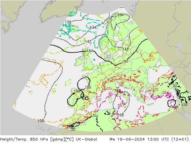 Geop./Temp. 850 hPa UK-Global mié 19.06.2024 13 UTC