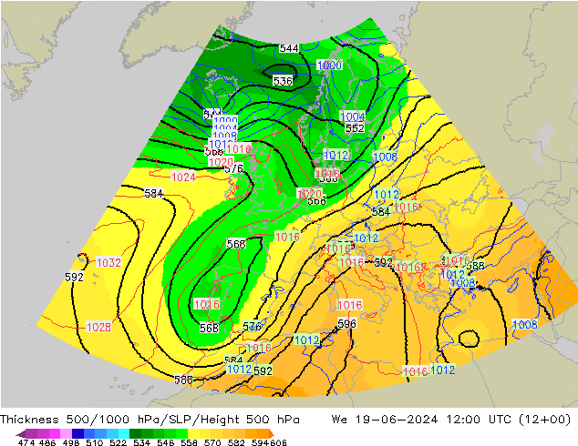 Thck 500-1000hPa UK-Global 星期三 19.06.2024 12 UTC