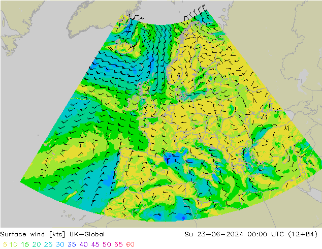 Vento 10 m UK-Global dom 23.06.2024 00 UTC