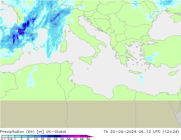 Precipitation (6h) UK-Global Th 20.06.2024 12 UTC