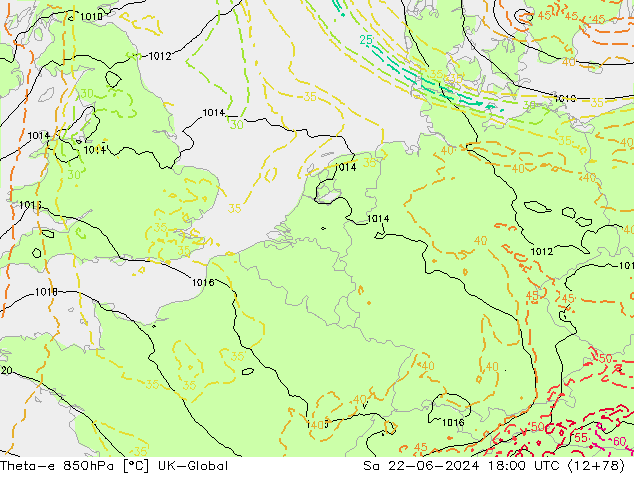 Theta-e 850hPa UK-Global Sa 22.06.2024 18 UTC