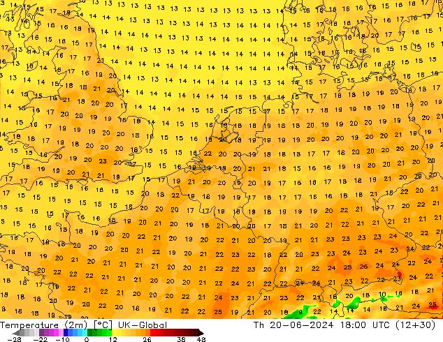 Temperature (2m) UK-Global Th 20.06.2024 18 UTC