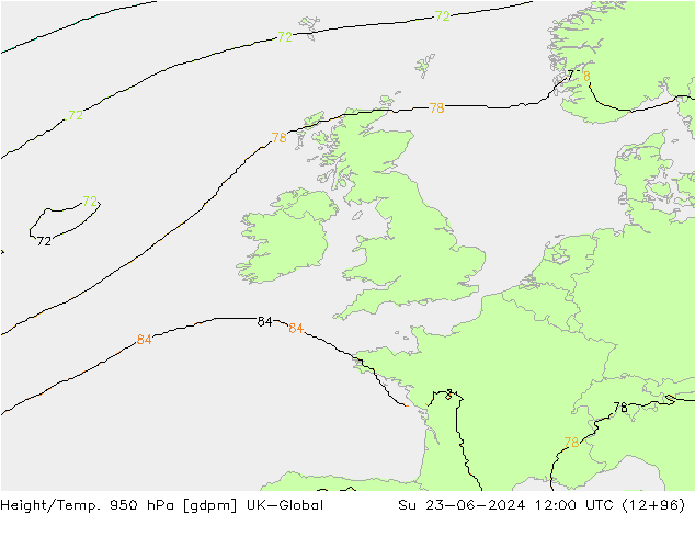 Height/Temp. 950 hPa UK-Global dom 23.06.2024 12 UTC
