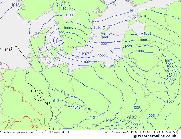 Atmosférický tlak UK-Global So 22.06.2024 18 UTC