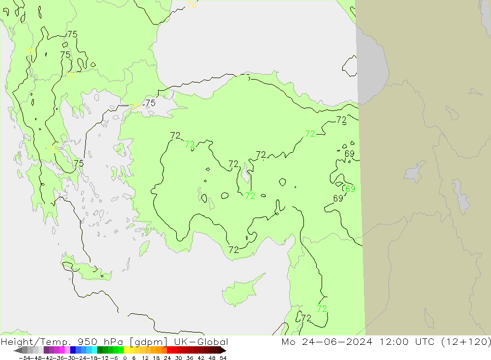 Height/Temp. 950 hPa UK-Global Mo 24.06.2024 12 UTC